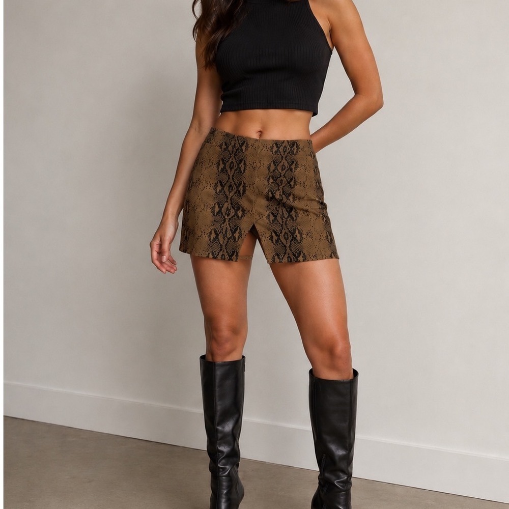 Wild Honey Snakeskin Print Mini Skirt Brown Black Faux Leather Style WIS032S L3